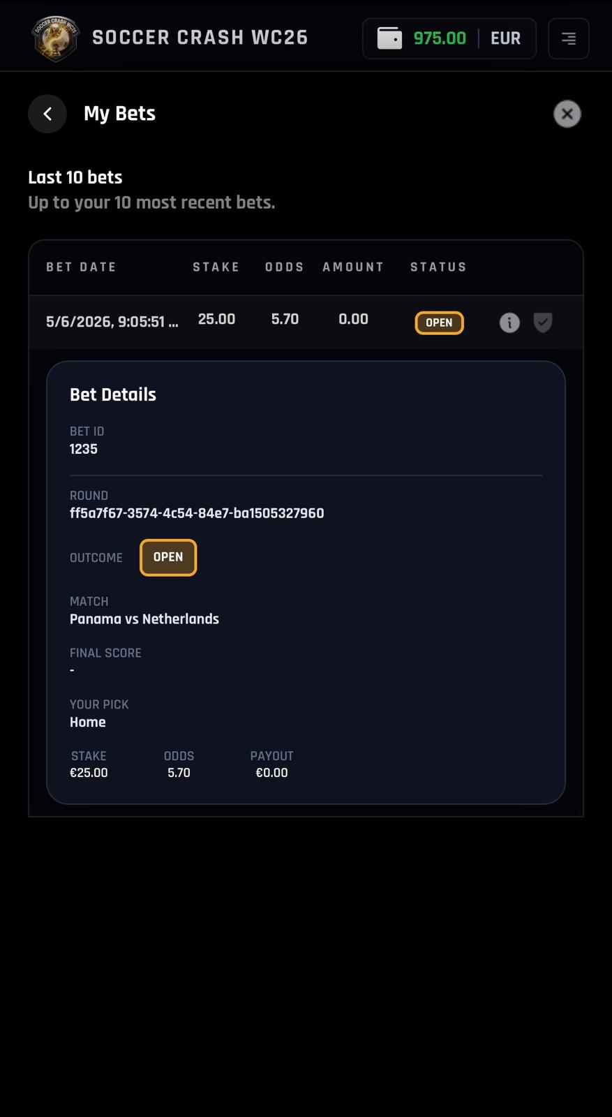 In-game menu with results, bets, and help.